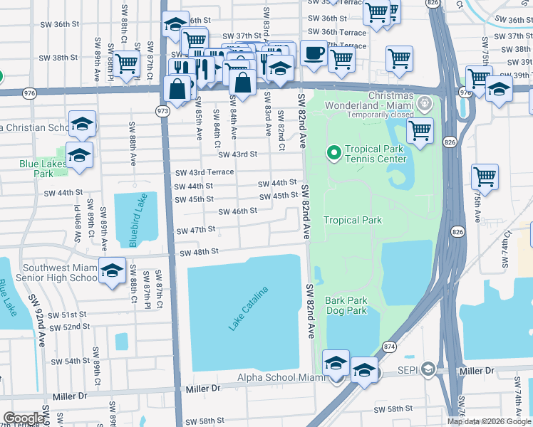 map of restaurants, bars, coffee shops, grocery stores, and more near 8290 Southwest 46th Street in Miami