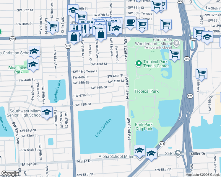map of restaurants, bars, coffee shops, grocery stores, and more near 8290 Southwest 46th Street in Miami