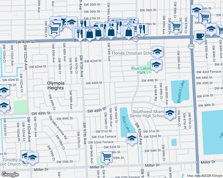 map of restaurants, bars, coffee shops, grocery stores, and more near 4425 Southwest 94th Avenue in Miami