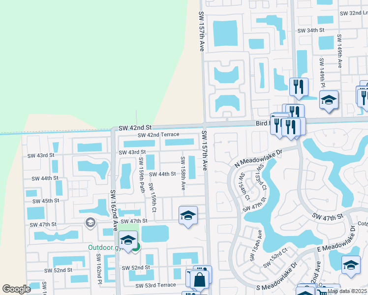 map of restaurants, bars, coffee shops, grocery stores, and more near 15793 Southwest 43rd Street in Miami
