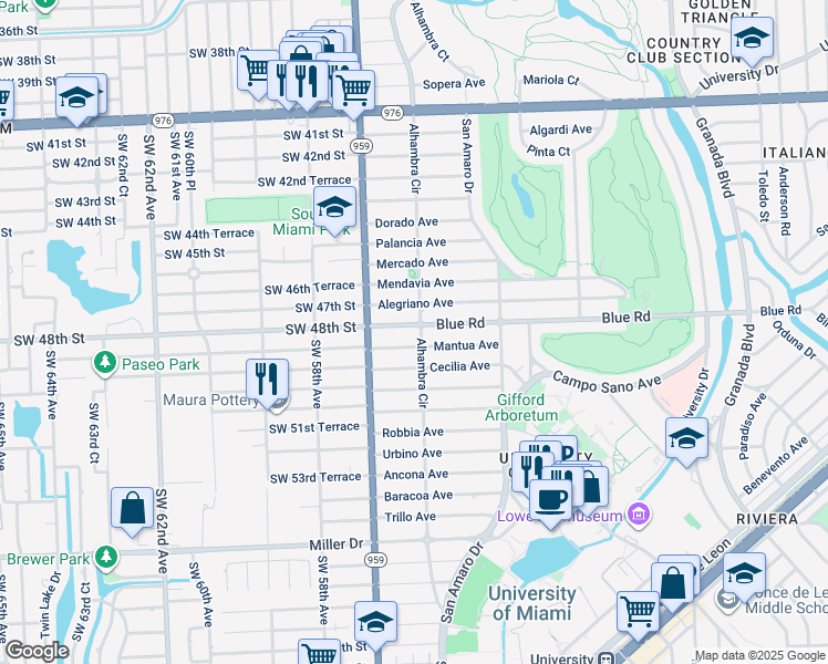 map of restaurants, bars, coffee shops, grocery stores, and more near 4800 Alhambra Circle in Coral Gables