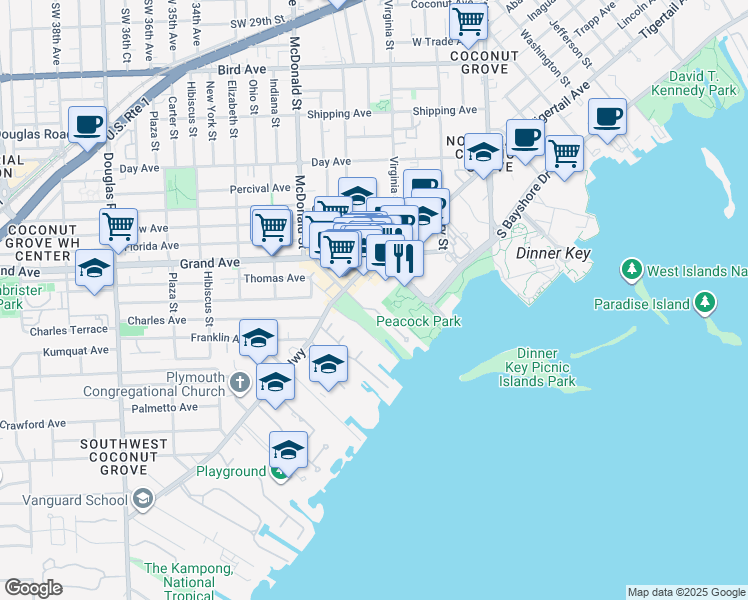 map of restaurants, bars, coffee shops, grocery stores, and more near 3461 Main Hwy in Miami