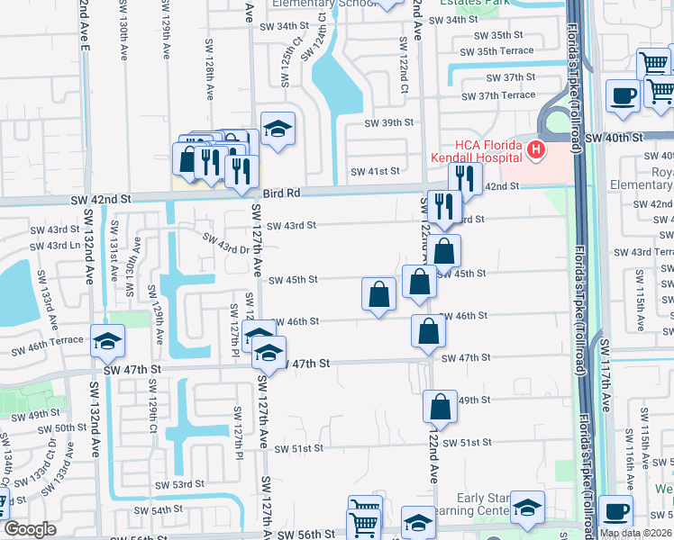 map of restaurants, bars, coffee shops, grocery stores, and more near 12401 Southwest 45th Street in Miami