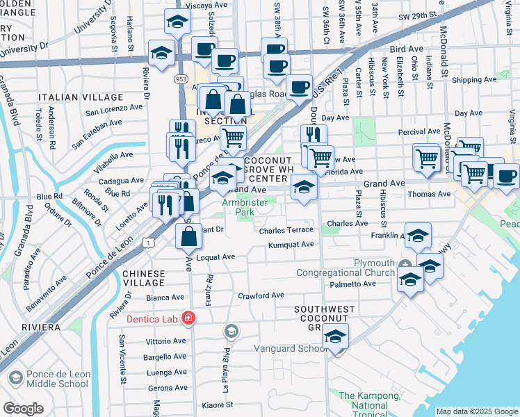 map of restaurants, bars, coffee shops, grocery stores, and more near 3425 Jefferson Street in Miami