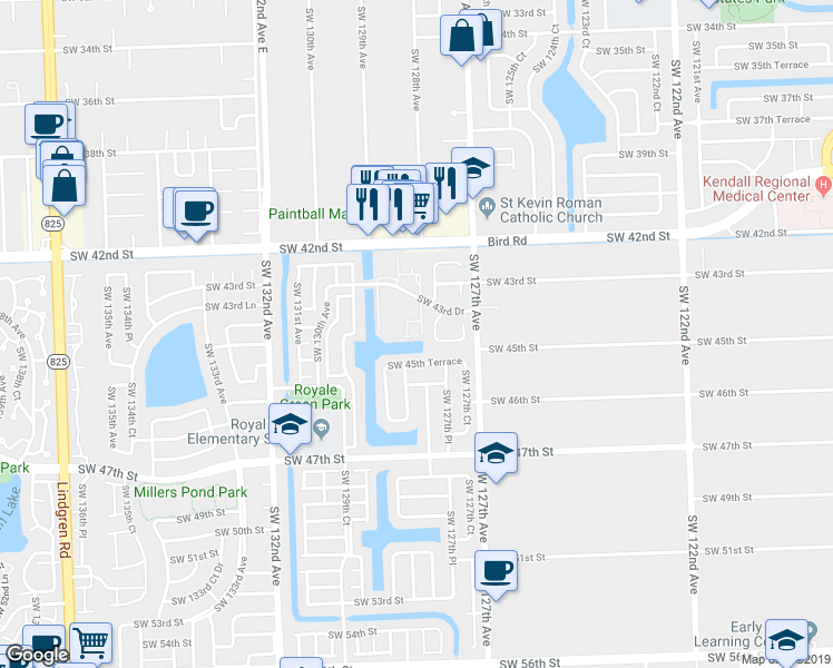 map of restaurants, bars, coffee shops, grocery stores, and more near 4402 Southwest 127th Place in Miami
