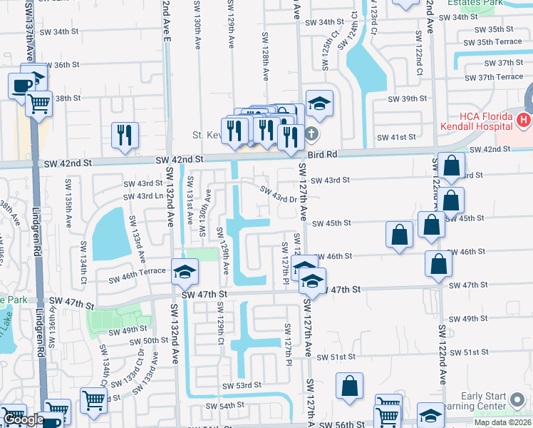 map of restaurants, bars, coffee shops, grocery stores, and more near 12810 Southwest 43rd Drive in Miami