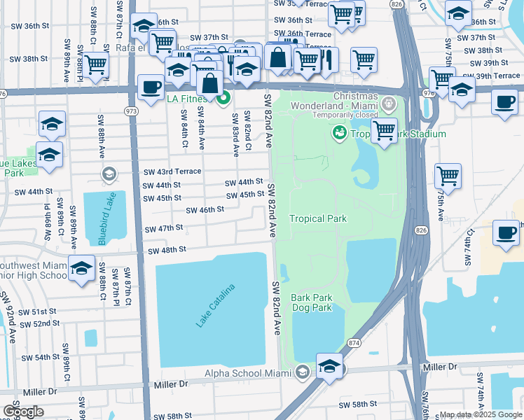 map of restaurants, bars, coffee shops, grocery stores, and more near 4602 Southwest 82nd Court in Miami