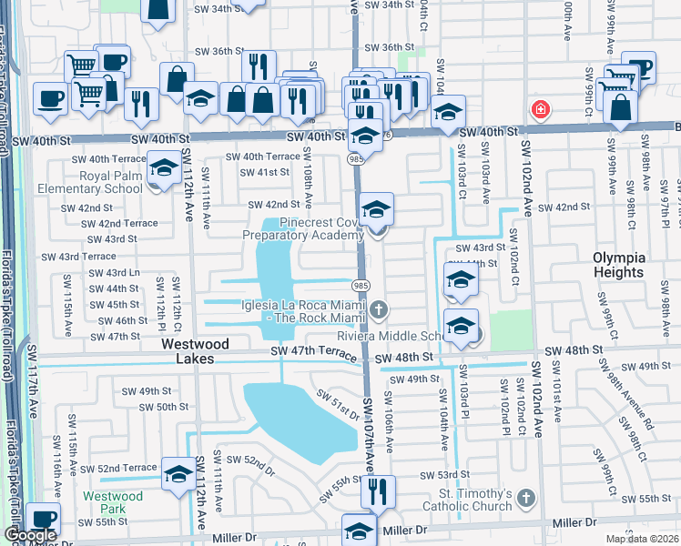 map of restaurants, bars, coffee shops, grocery stores, and more near 10730 Southwest 43rd Lane in Miami