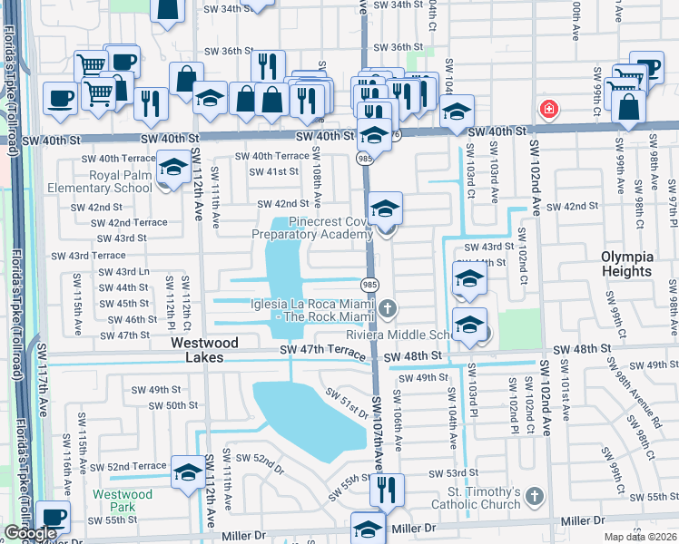 map of restaurants, bars, coffee shops, grocery stores, and more near 10730 Southwest 43rd Lane in Miami