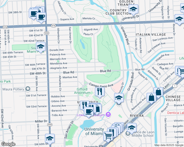 map of restaurants, bars, coffee shops, grocery stores, and more near 1310 Blue Road in Coral Gables