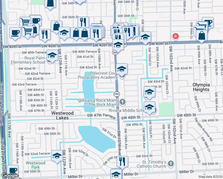 map of restaurants, bars, coffee shops, grocery stores, and more near 10730 Southwest 43rd Lane in Miami