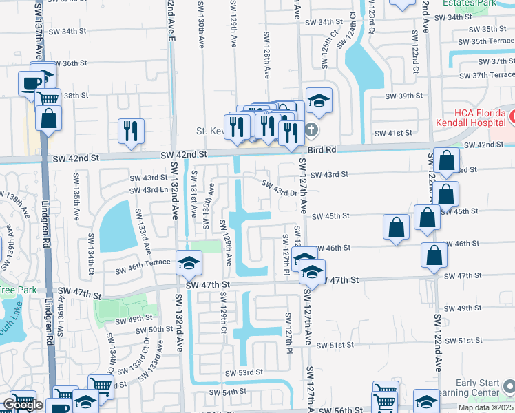 map of restaurants, bars, coffee shops, grocery stores, and more near 12860 Southwest 43rd Drive in Miami