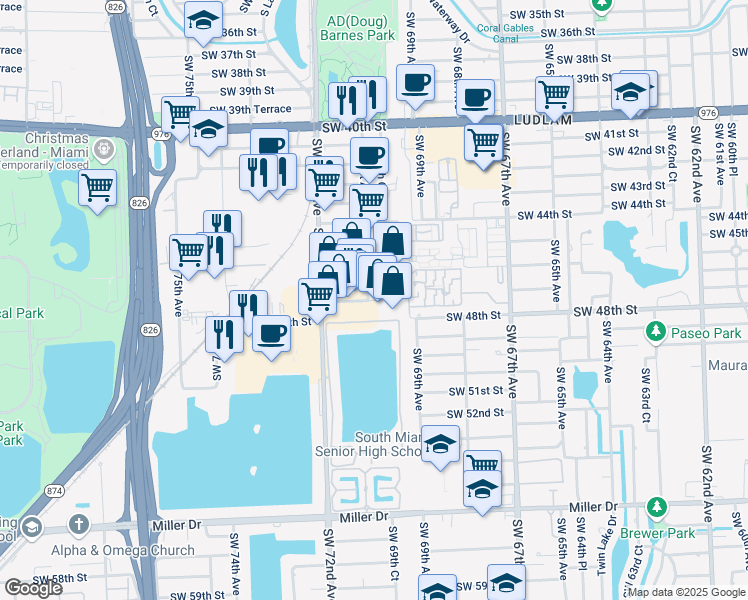 map of restaurants, bars, coffee shops, grocery stores, and more near 7059 Southwest 47th Street in Miami