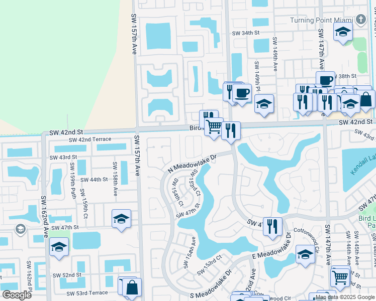 map of restaurants, bars, coffee shops, grocery stores, and more near 4265 Southwest 154th Avenue in Miami