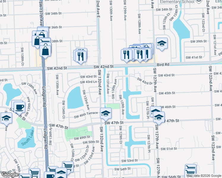 map of restaurants, bars, coffee shops, grocery stores, and more near 13020 Southwest 44th Street in Miami