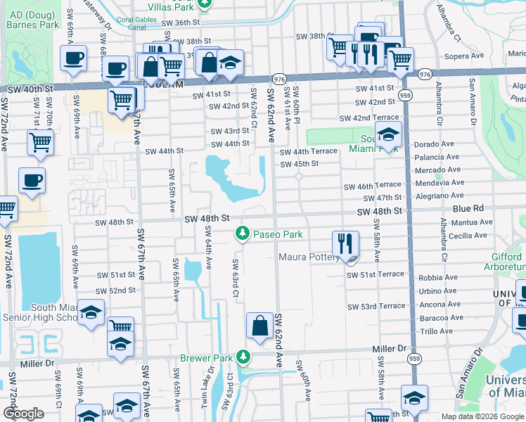 map of restaurants, bars, coffee shops, grocery stores, and more near 6240 Coral Lake Drive in Miami