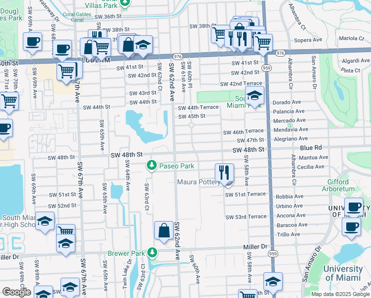 map of restaurants, bars, coffee shops, grocery stores, and more near 6101 Southwest 48th Street in Miami