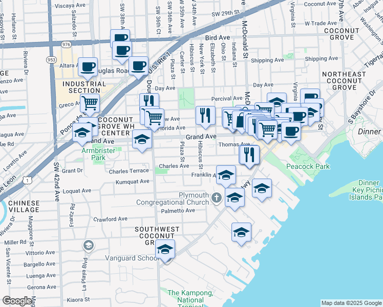 map of restaurants, bars, coffee shops, grocery stores, and more near 3521 William Avenue in Miami
