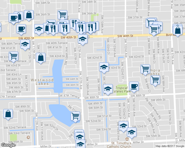 map of restaurants, bars, coffee shops, grocery stores, and more near 10471 Southwest 44th Terrace in Miami