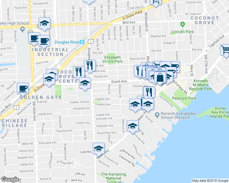 map of restaurants, bars, coffee shops, grocery stores, and more near 3521 William Avenue in Miami