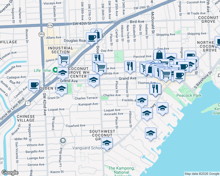 map of restaurants, bars, coffee shops, grocery stores, and more near 3617 William Avenue in Miami
