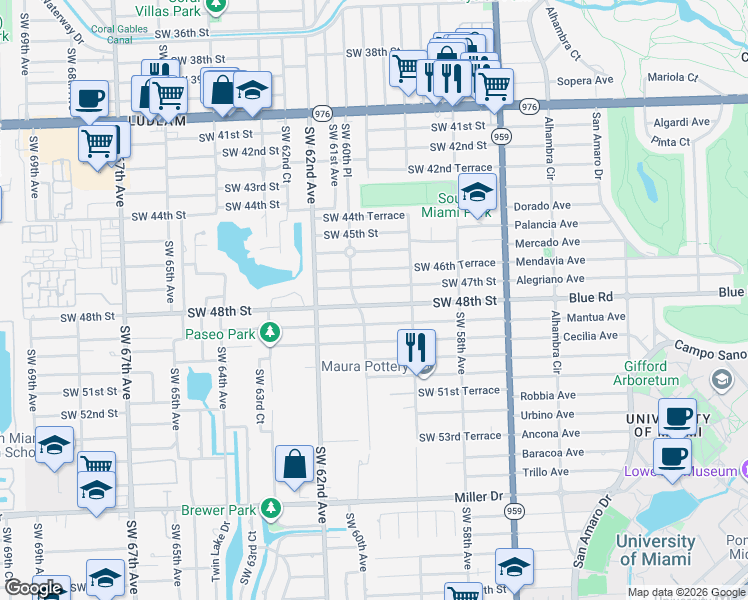 map of restaurants, bars, coffee shops, grocery stores, and more near 5971 Southwest 48th Street in Miami