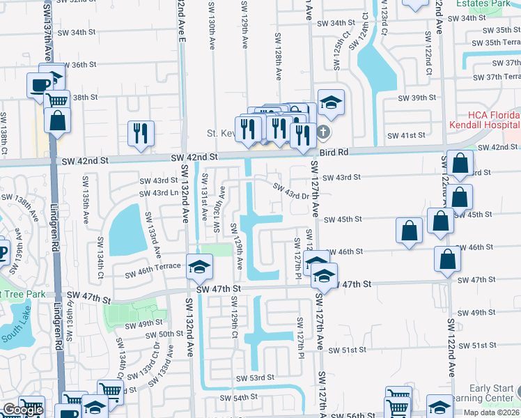 map of restaurants, bars, coffee shops, grocery stores, and more near 12860 Southwest 43rd Drive in Miami