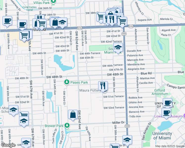 map of restaurants, bars, coffee shops, grocery stores, and more near 5971 Southwest 48th Street in Miami