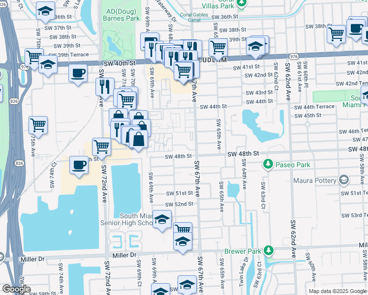 map of restaurants, bars, coffee shops, grocery stores, and more near 4702 Southwest 67th Avenue in Miami