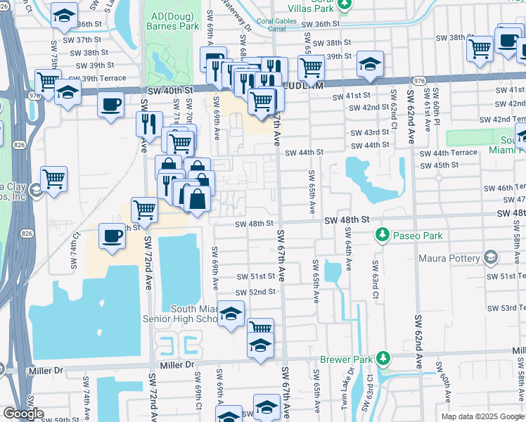 map of restaurants, bars, coffee shops, grocery stores, and more near 4702 Southwest 67th Avenue in Miami