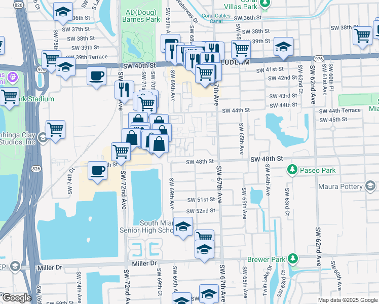 map of restaurants, bars, coffee shops, grocery stores, and more near 4708 Southwest 67th Avenue in Miami