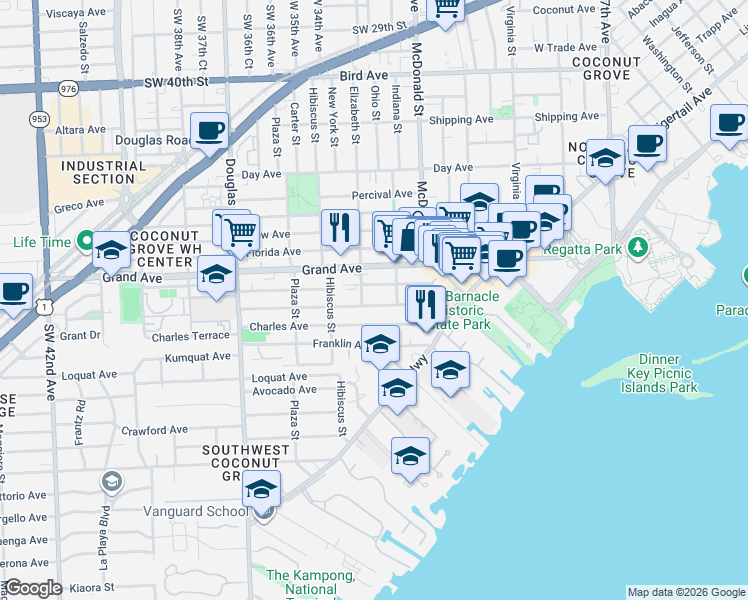 map of restaurants, bars, coffee shops, grocery stores, and more near 3341 William Avenue in Miami