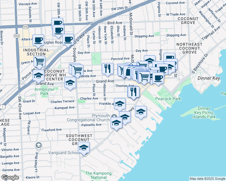 map of restaurants, bars, coffee shops, grocery stores, and more near 3401 William Avenue in Miami