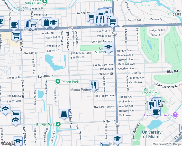 map of restaurants, bars, coffee shops, grocery stores, and more near 5901 Southwest 48th Street in Miami