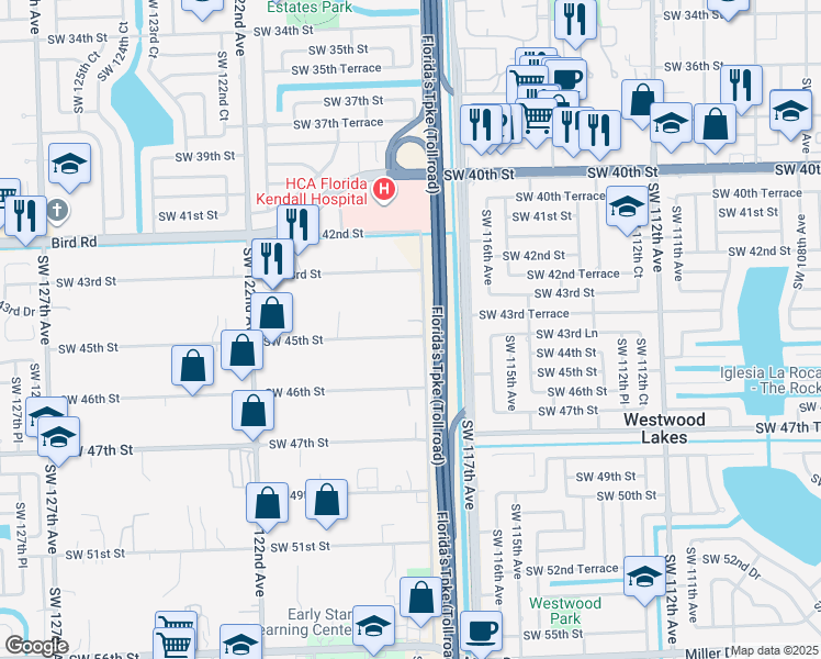 map of restaurants, bars, coffee shops, grocery stores, and more near 11805 Southwest 45th Street in Miami