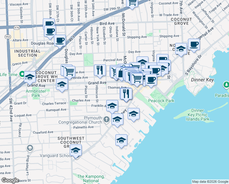 map of restaurants, bars, coffee shops, grocery stores, and more near 3341 William Ave in Miami