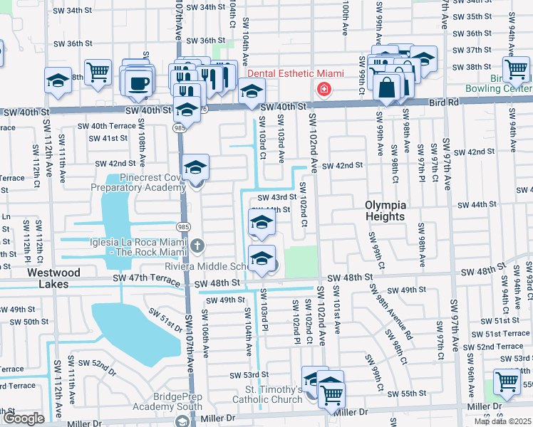 map of restaurants, bars, coffee shops, grocery stores, and more near 10340 Southwest 44th Street in Miami