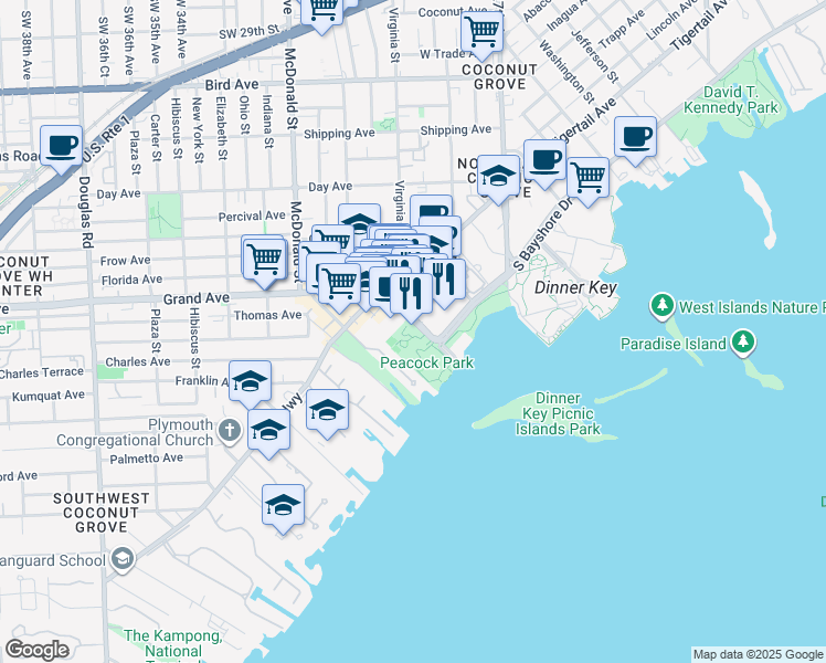 map of restaurants, bars, coffee shops, grocery stores, and more near 2820 McFarlane Road in Miami
