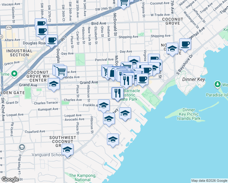 map of restaurants, bars, coffee shops, grocery stores, and more near 3229 William Avenue in Miami