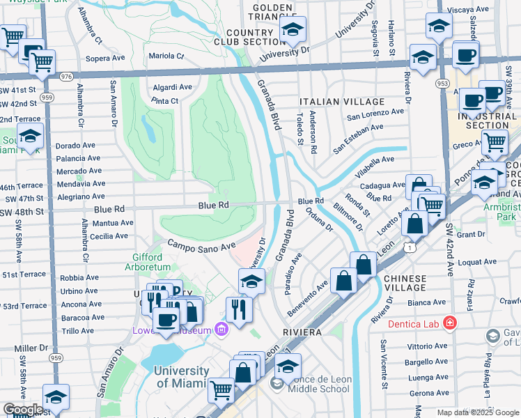 map of restaurants, bars, coffee shops, grocery stores, and more near 1155 Blue Road in Coral Gables