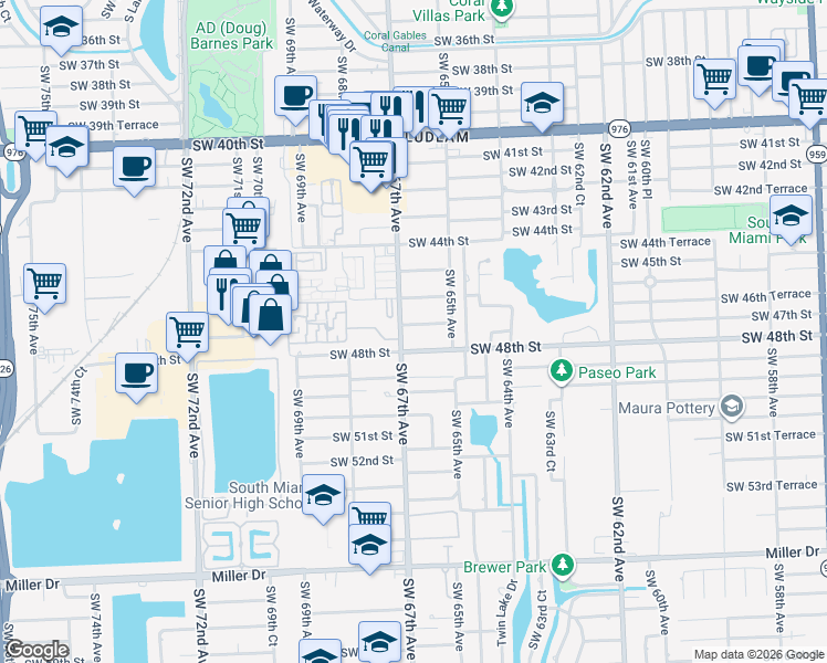 map of restaurants, bars, coffee shops, grocery stores, and more near 6630 Southwest 47th Street in Miami