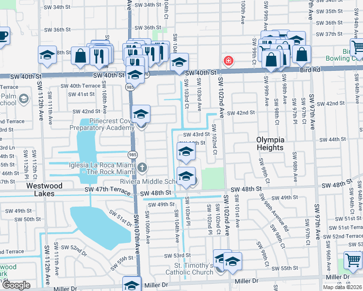 map of restaurants, bars, coffee shops, grocery stores, and more near 10340 Southwest 44th Street in Miami