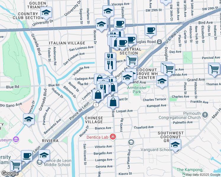 map of restaurants, bars, coffee shops, grocery stores, and more near 405 South Dixie Highway in Coral Gables