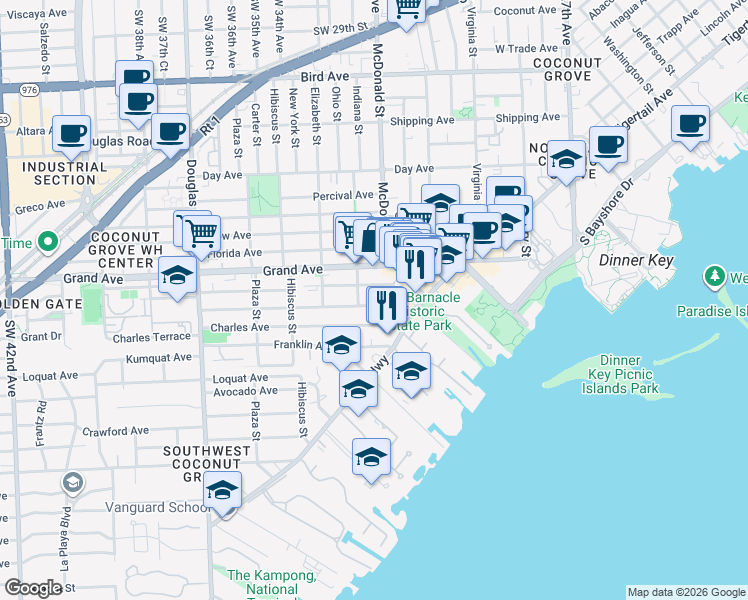 map of restaurants, bars, coffee shops, grocery stores, and more near 3229 William Avenue in Miami