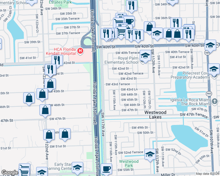 map of restaurants, bars, coffee shops, grocery stores, and more near 11525 Southwest 43rd Lane in Miami