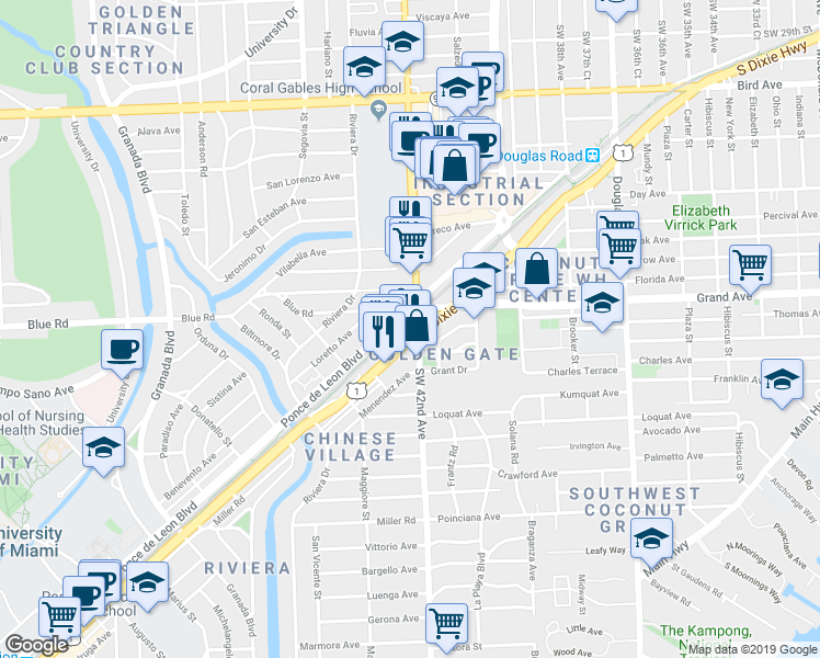map of restaurants, bars, coffee shops, grocery stores, and more near 405 South Dixie Highway in Coral Gables