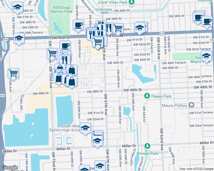 map of restaurants, bars, coffee shops, grocery stores, and more near 6630 Southwest 47th Street in Miami