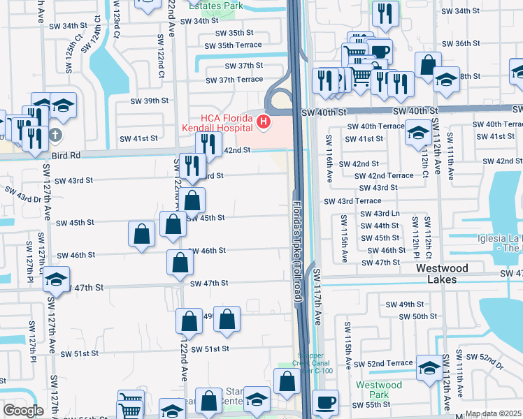 map of restaurants, bars, coffee shops, grocery stores, and more near 11845 Southwest 45th Street in Miami