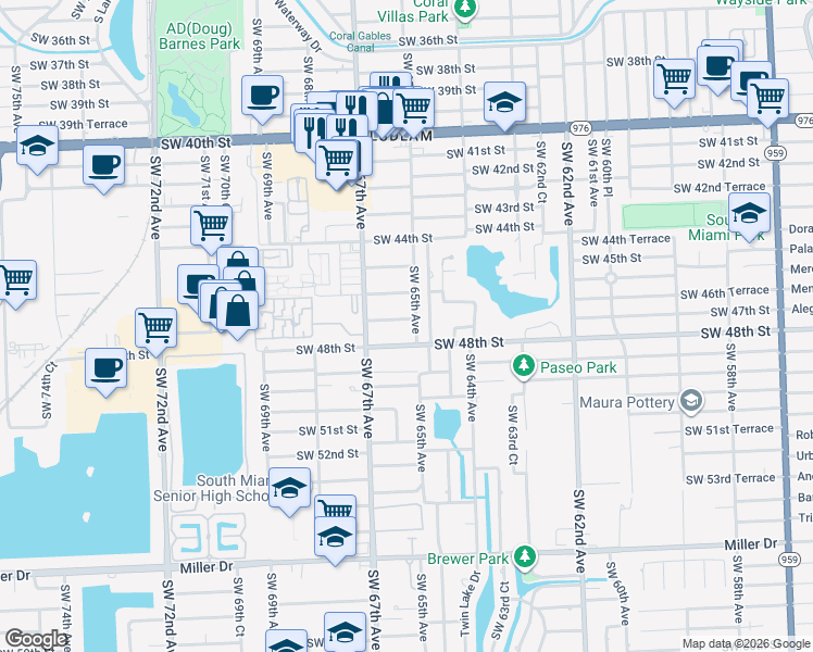 map of restaurants, bars, coffee shops, grocery stores, and more near 6510 Southwest 47th Street in Miami