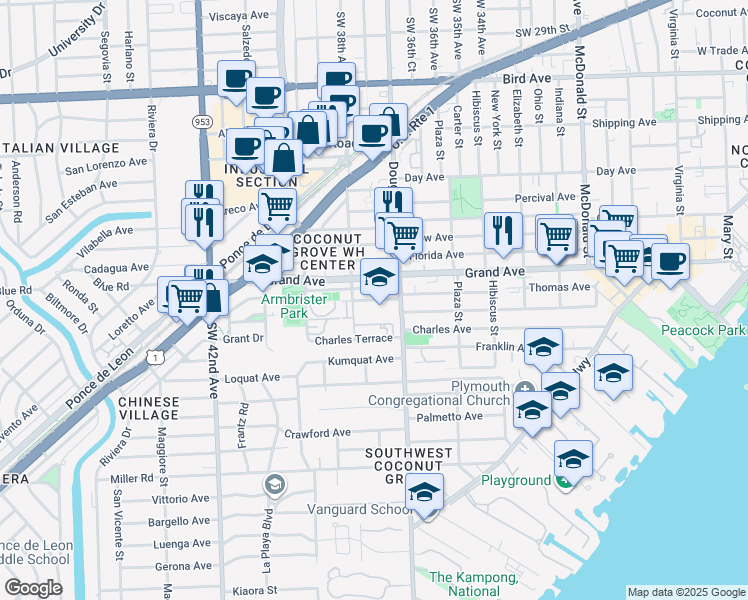 map of restaurants, bars, coffee shops, grocery stores, and more near 3745 Thomas Avenue in Miami